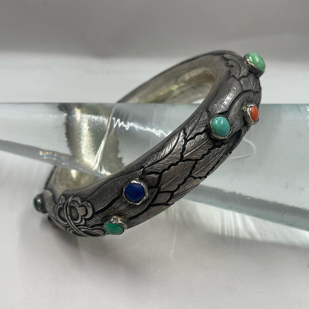 Asian Antique Old Chinese Export Silver Sterling? Bangle Bracelet Gemstones